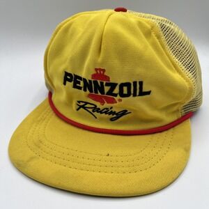 Vintage Pennzoil Racing Hat Cap Snap‎ Back One Size Yellow Mesh Trucker NASCAR